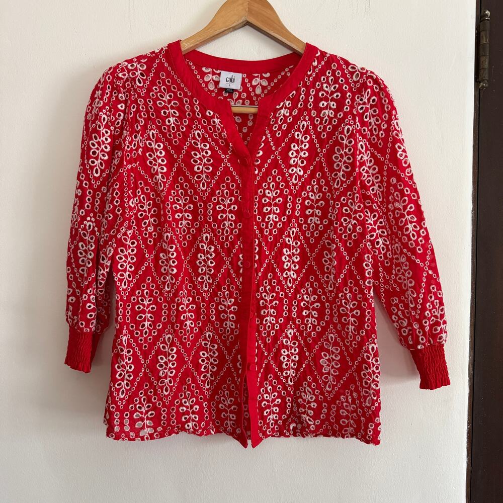 CABI | Lyric Red Cotton Eyelet Button Down Blouse #6203 Large